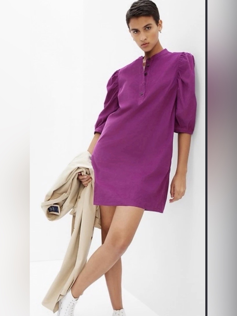 GAP Corduroy Puff Sleeve Mini Dress Magenta Berry Pockets Tunic size xl